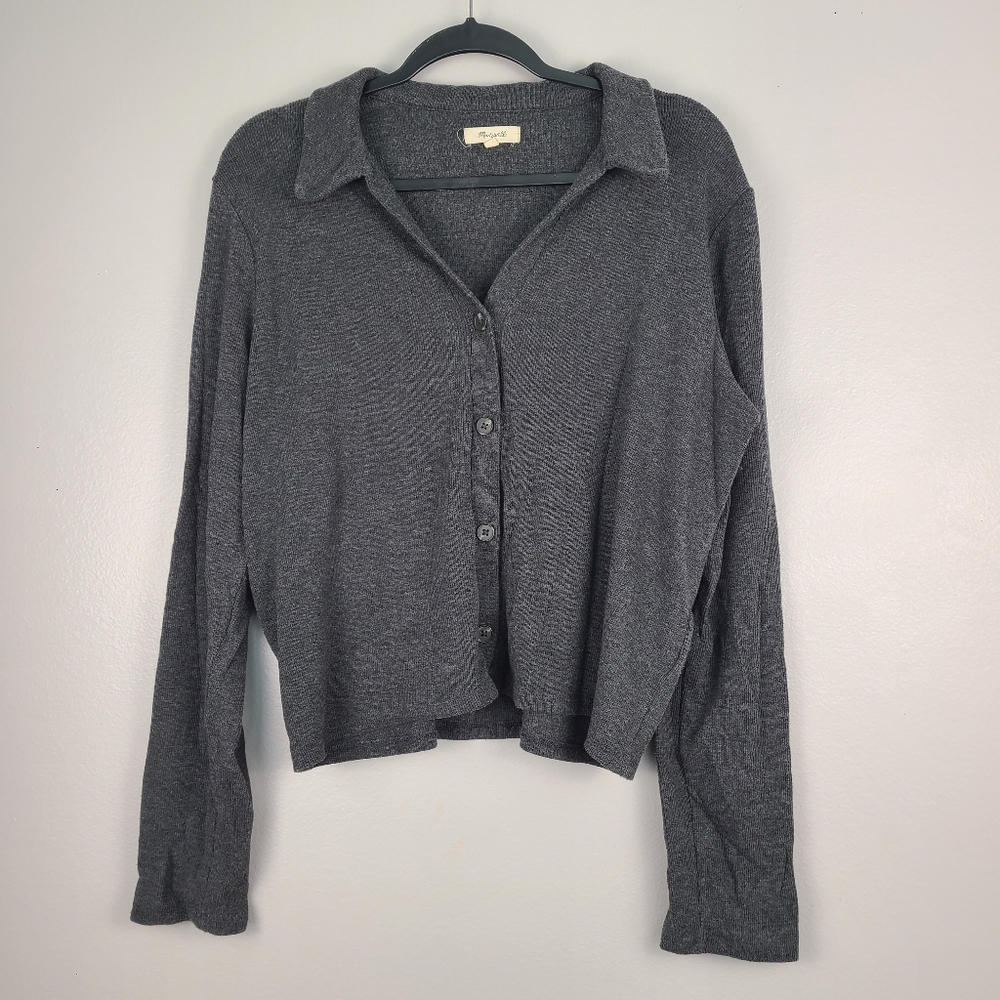 Madewell Gray Minimalist Academia Brushed Rib Button-up Polo Cropped Cardigan XL
